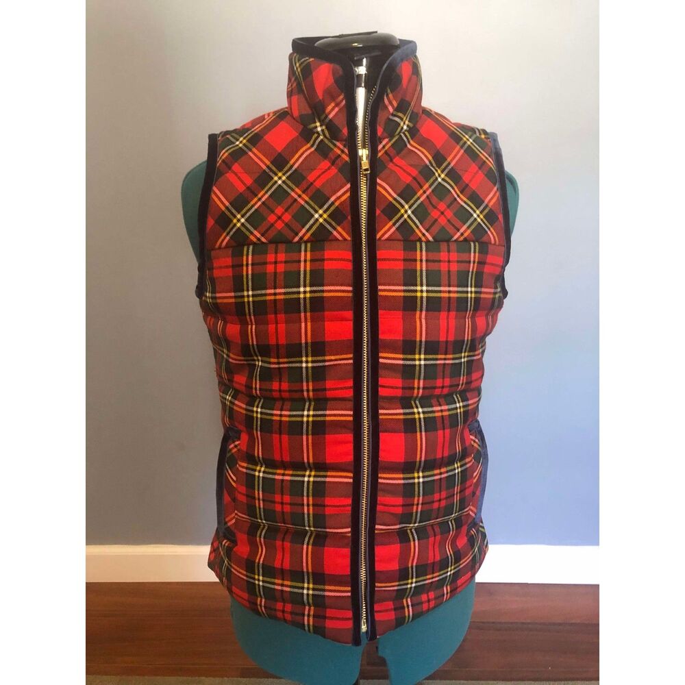 J.Crew Tartan Plaid Red and Green Mountain Puffer Velvet Trim Vest, PXS